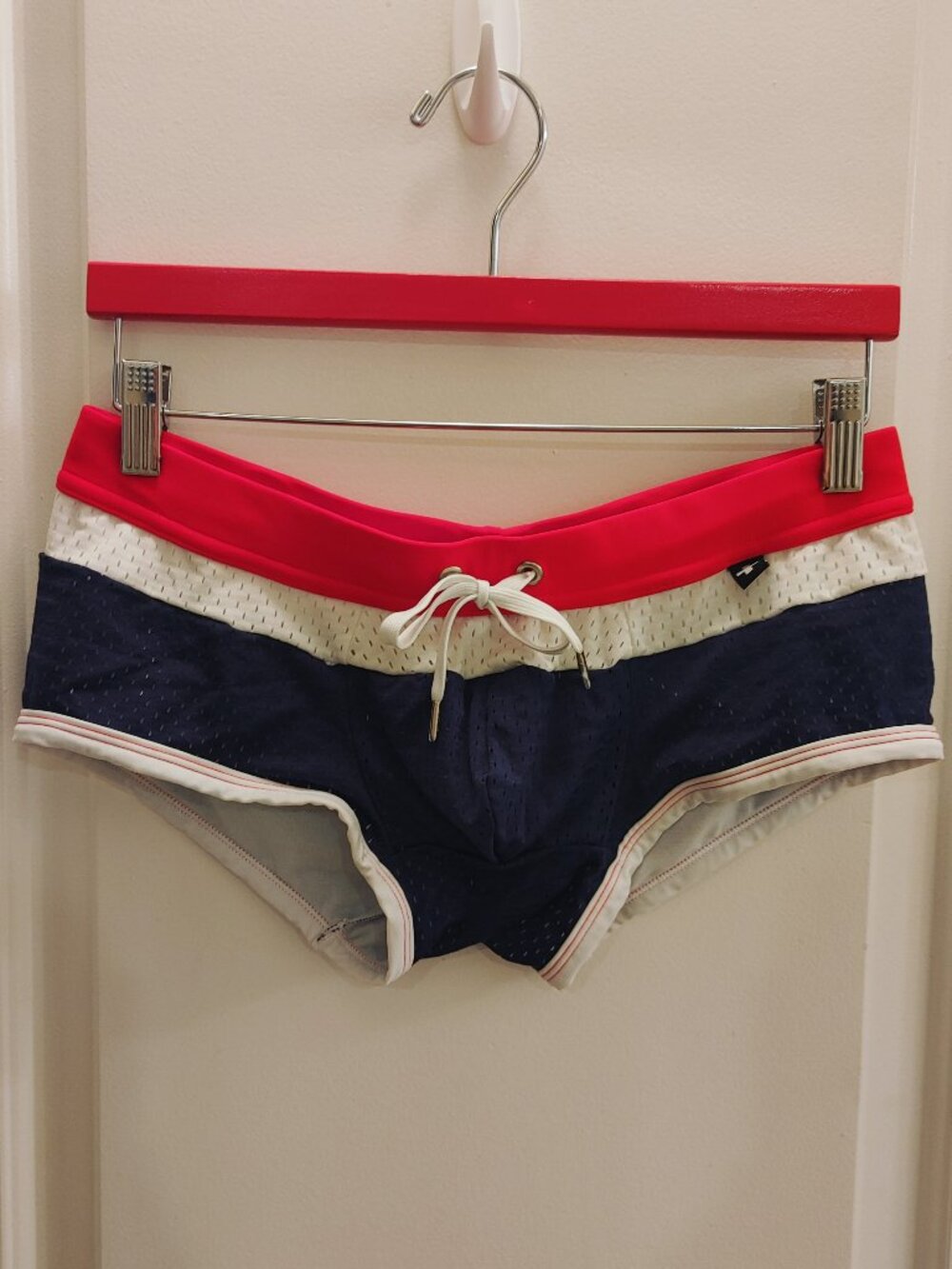 Andrew Christian Mesh Almost Naked Swim Brief - Navy/Red/White - Large